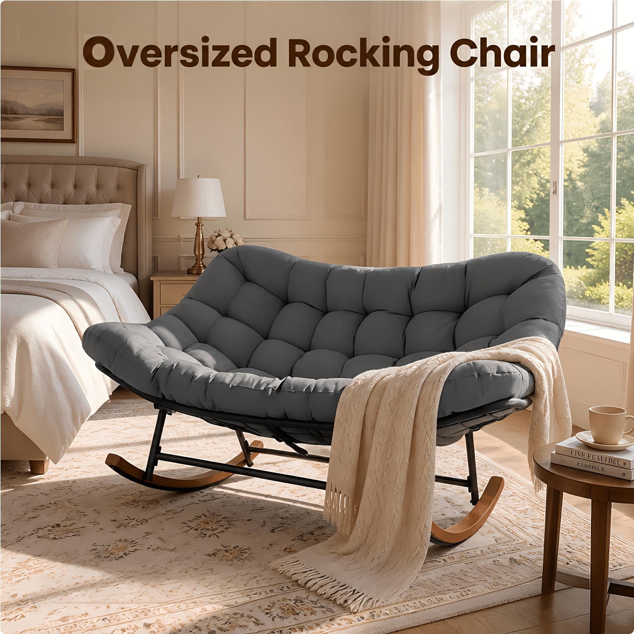 TEMU Intdoor Patio Rocking Chair, Oversized Papasan Rocking Chair For 2 With Sturdy Frame And Thick Cushion,, Living Room Chair For For Home Office,