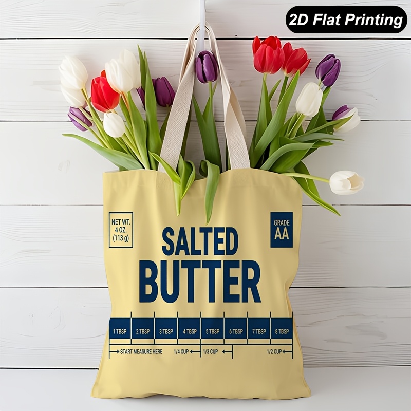 TEMU 1pc Butter Print Tote Bag Suitable For Commuting & Travel, Reusable Minimalist Butter Label Design Handbag, Multicolor Suitable For Storage Gift
