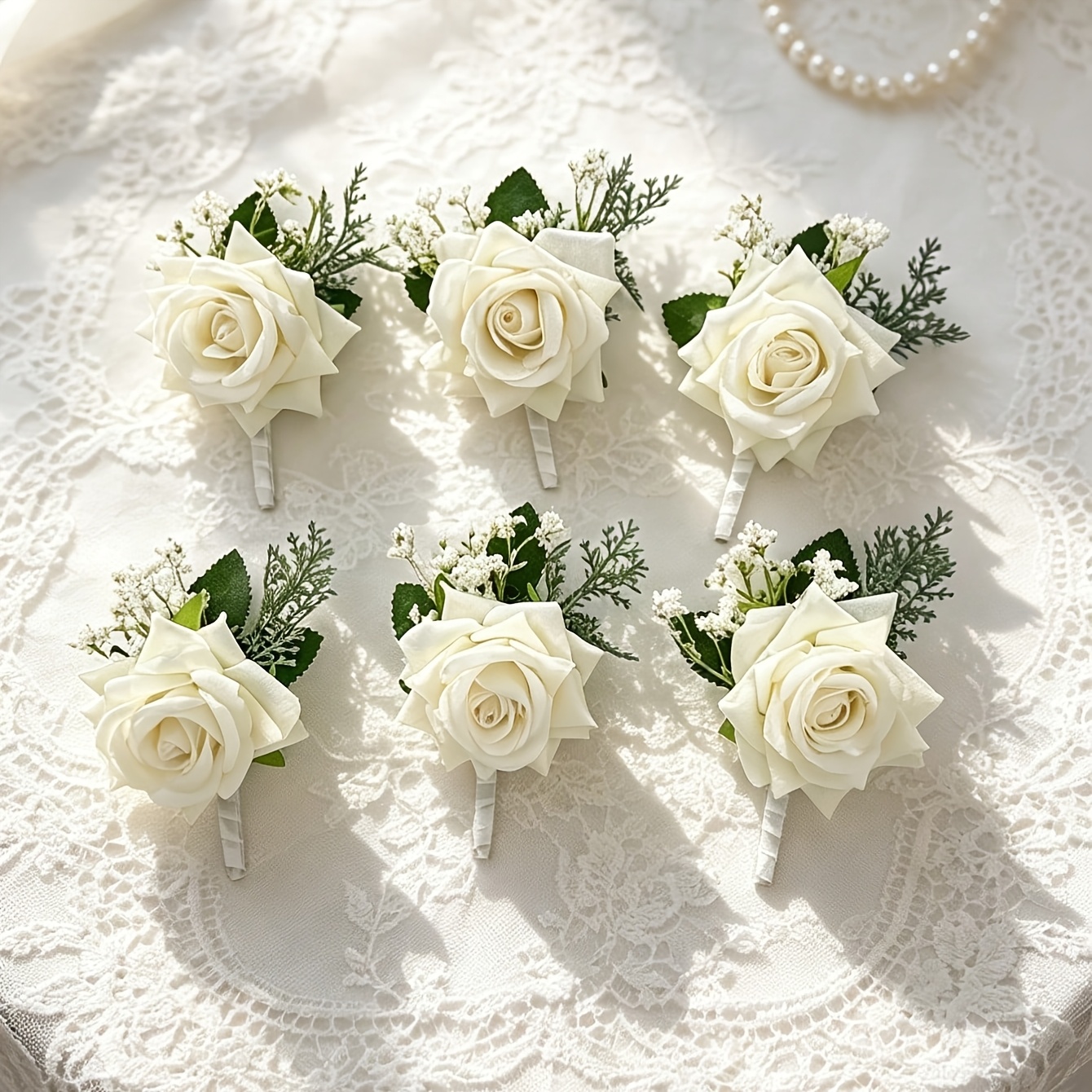 TEMU 6pcs 6pcs Ivory Rose Boutonnieres For Men - Artificial Wedding Corsages With Realistic Roses & Stems, Suitable For Groom, Groomsmen, Wedding