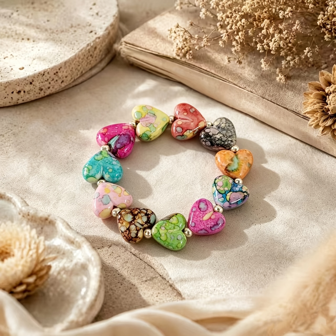 TEMU 1 pièce Bracelet cœur de pêche fait main bohème à glaçure tachée - Élastique multicolore adapté pour &, Cadeau rétro pour fêtes de plage, tenue