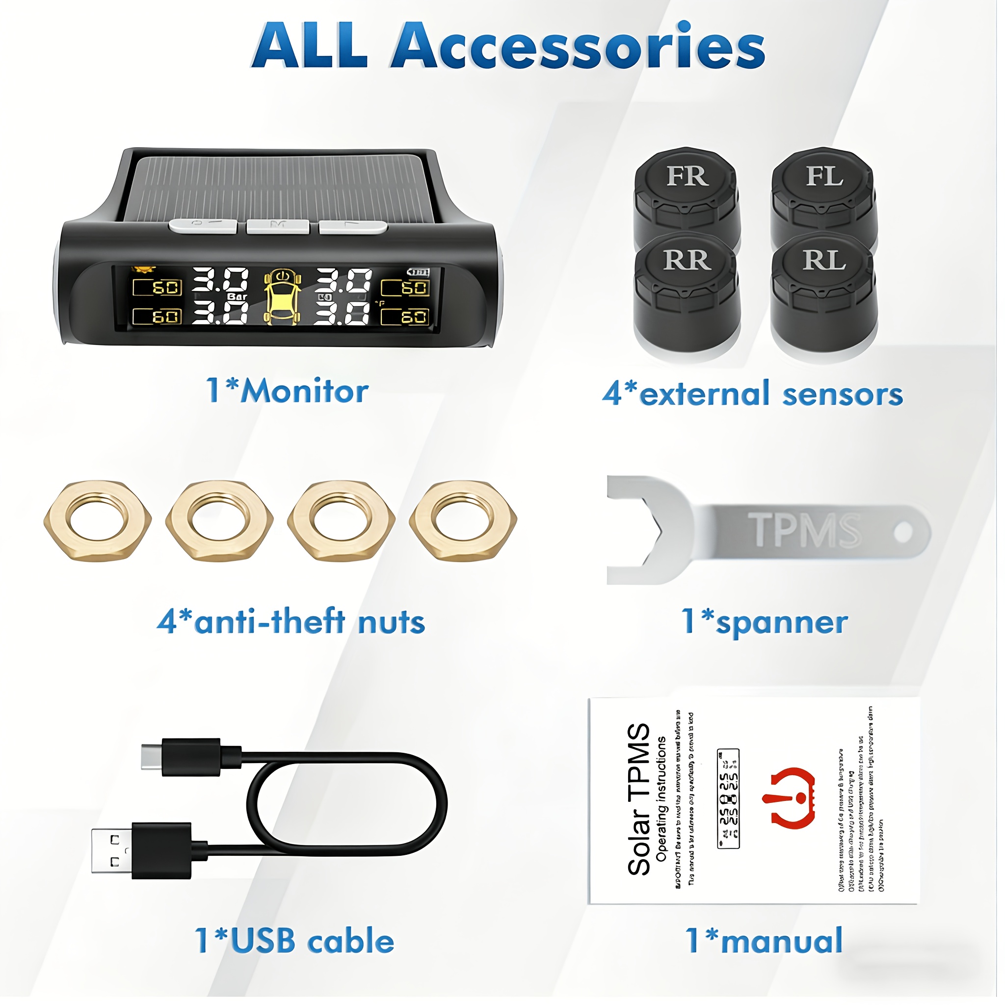 Universal Automotive Tpms Tire Pressure Monitoring, Wireless External Sensor, Solar Charging, High Definition Digital, Lcd Display Car Alarm