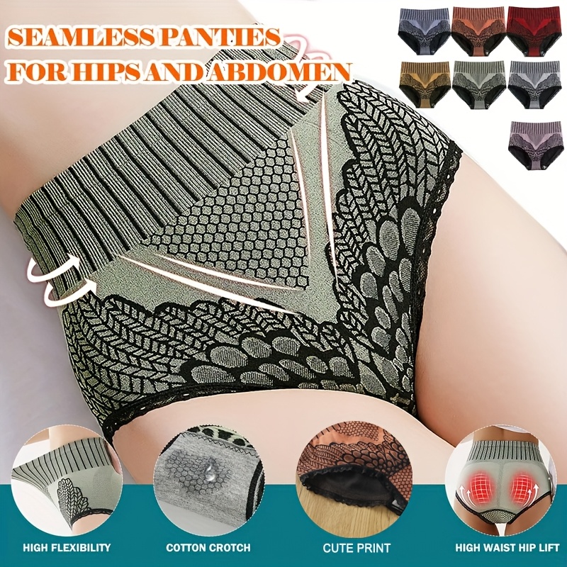 Women's High Waist Seamless Panties with Hip Lift - Breathable Lace Trim Briefs for Postpartum Recovery, Retro Striped Tummy Control Underwear, Tight-Fitting Body Shaper in Black/Grey/Navy, Postnatal Underwear | Vintage Style Lingerie | Smooth Texture Fabric