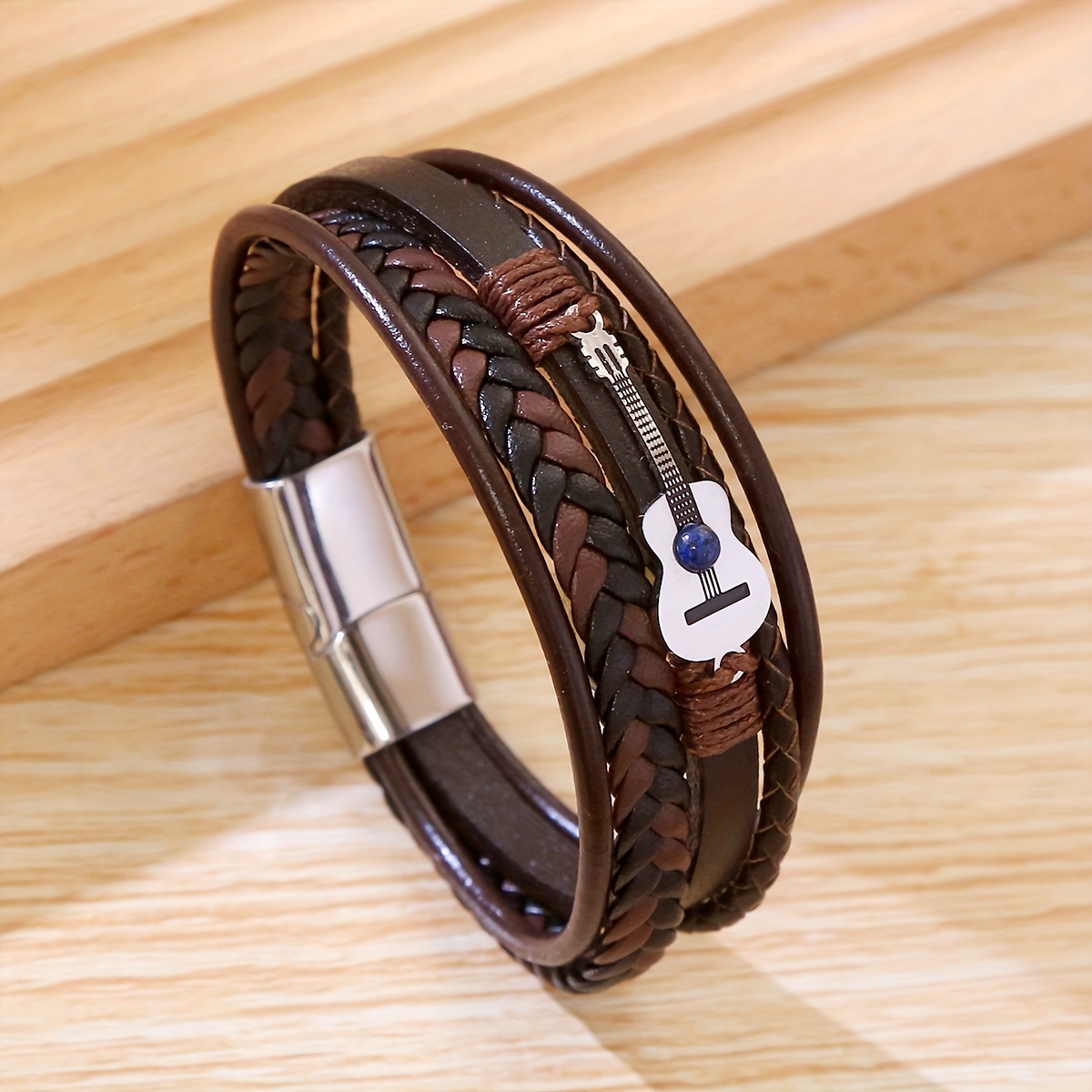 A Stylish Men's Guitar-themed Woven Faux Leather Bracelet, Perfect As A Creative Punk Party Gift Accessory