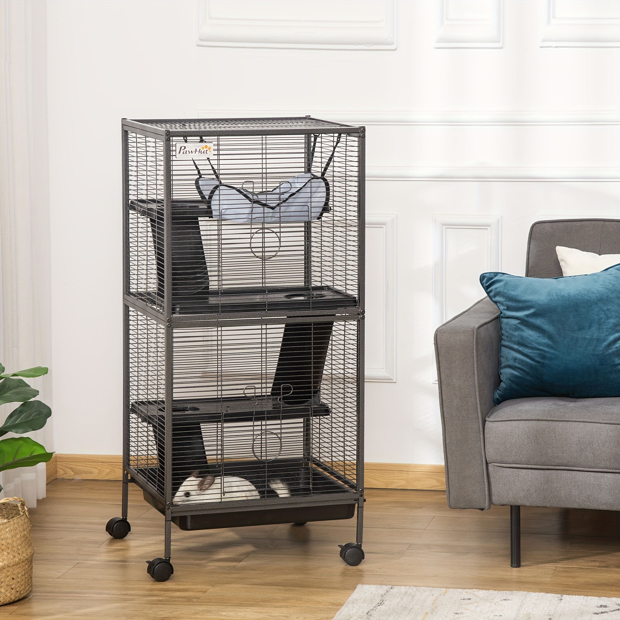 TEMU Pawhut Terrarium Métallique pour Petits Animaux sur Roulettes, Grand Habitat pour , Maison pour Chinchilla, Habitat pour Petaouach, Inclut Hamac