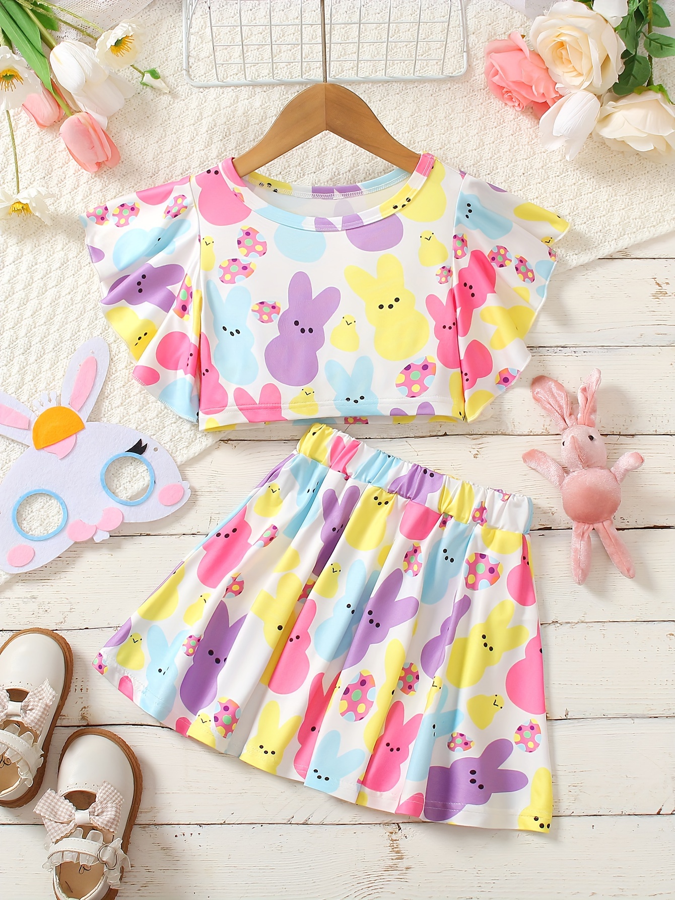 Toddler Baby Girls Easter Clothes Short Sleeve Bunny Print Ruffled Hem Top  + Flare Pants Set Kids Clothes