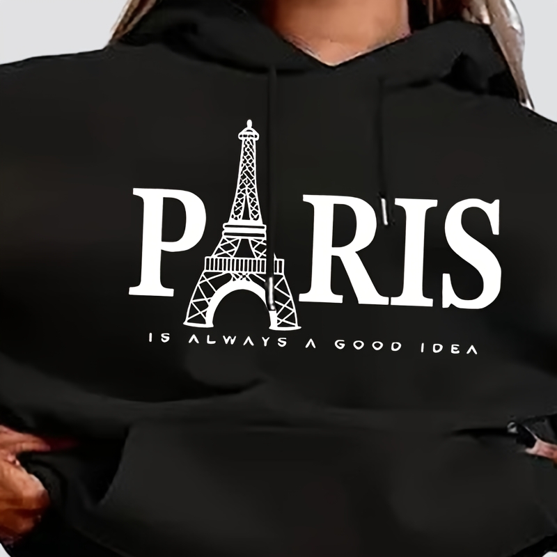 

Paris-inspired Women's Hooded Tracksuit Set, Casual Polyester Knit Fabric, Long Sleeve, Geometric-pattern, With Pockets, For Fall/winter