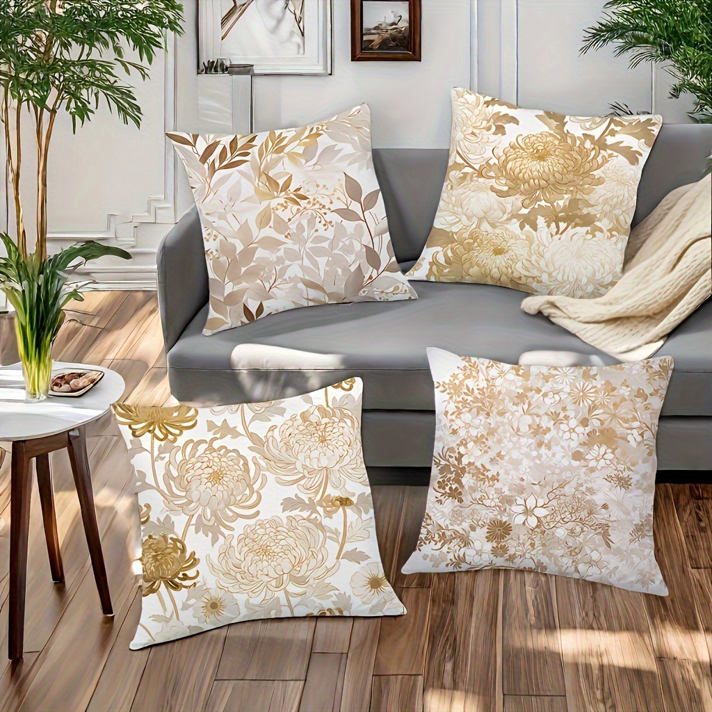 

Ensemble de 4 Housses de Coussin à Motif de Chrysanthème & Feuille - Polyester avec Fermeture Éclair, Lavables à , Houches de Coussin Décoratives pour Salon - Blanc & Jaune (Inserts Non )