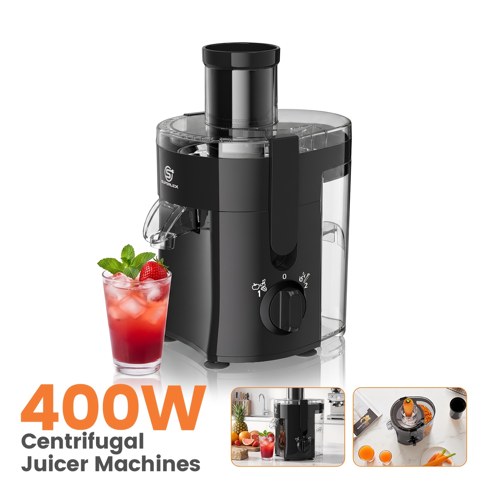 Image of Superlex 400w Stainless Steel Centrifugal Juicers With 2 Speed Settings And 65mm Wide Feed Chute, Juice Extractor Machine With 600ml Container, Nutrient-lock Fresh Home Juicing, Easy To Clean