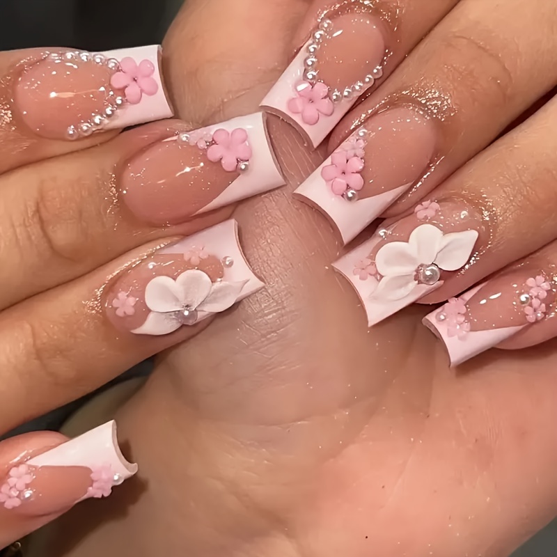 

24pcs Long Press-on Artificial Nails White French Nails 3d - Elegant Design Finger Nails With Jelly Glue 1pc And Nail File 1