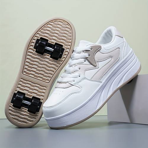 1 pair of 2025 boys skate shoes with lace round toe low wheels double row thick sole contrast color fashionable casual comfortable for sports and outdoor indoor outdoor
