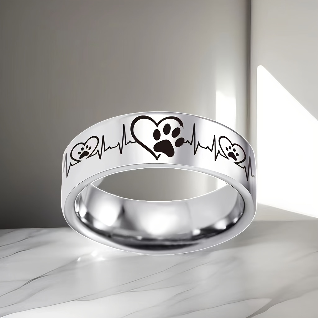 E-shop 1 Stück Hundepfoten-Herz-Lebenslinie 8mm Lasergravur Edelstahl Ehering für Männer Frauen, Modischer Edelstahl Schmuck Geschenk zum Valentinstag,