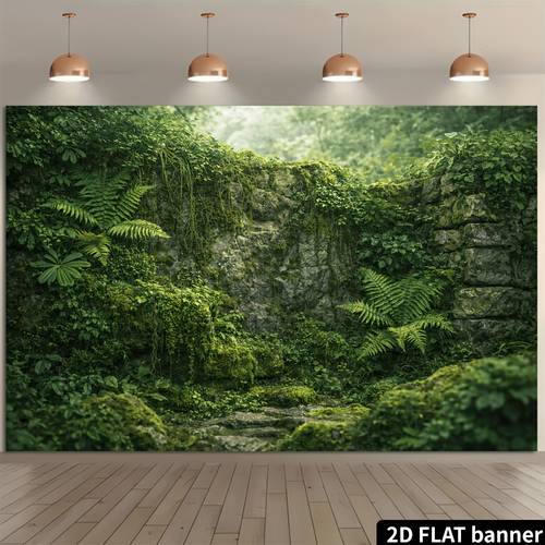2d flat backdrop banner with moss stone wall and greenery theme featuring elements such as fern leaves climbing vines and moss covered stones made of material it requires no power supply and is suitable for