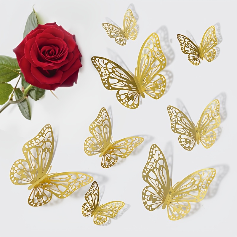 TEMU 12pcs 3d Wall Stickers, Golden And Silvery Colorful Butterflies Party Decorations For Birthday Wedding Balloon Room Decoration