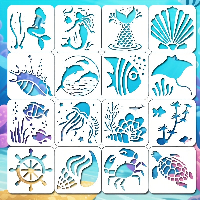 Image of 16 Templates Featuring That Reused - Designs Of Sea Creatures And Mermaids, Perfect For Painting Projects And Crafts, Ideal For Decorating Your Home And Walls