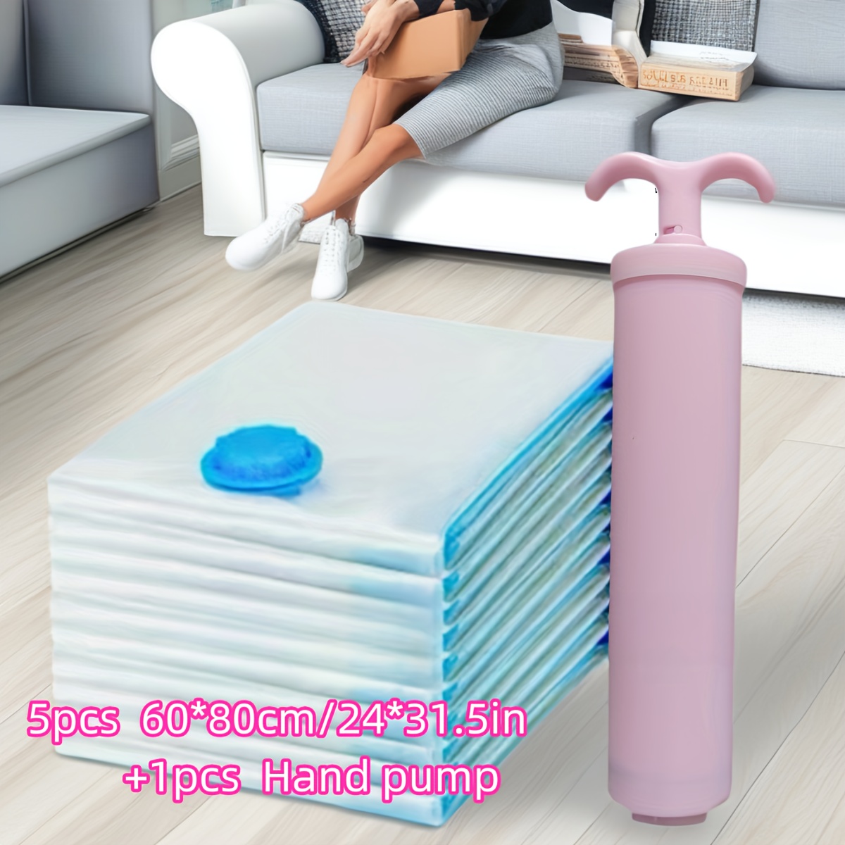 

5pcs+1pcs(60*80cm/24*31.5in) Vacuum Bag+pink Hand Pump Combination Set More Without Pressure Maximizes Clothes Space