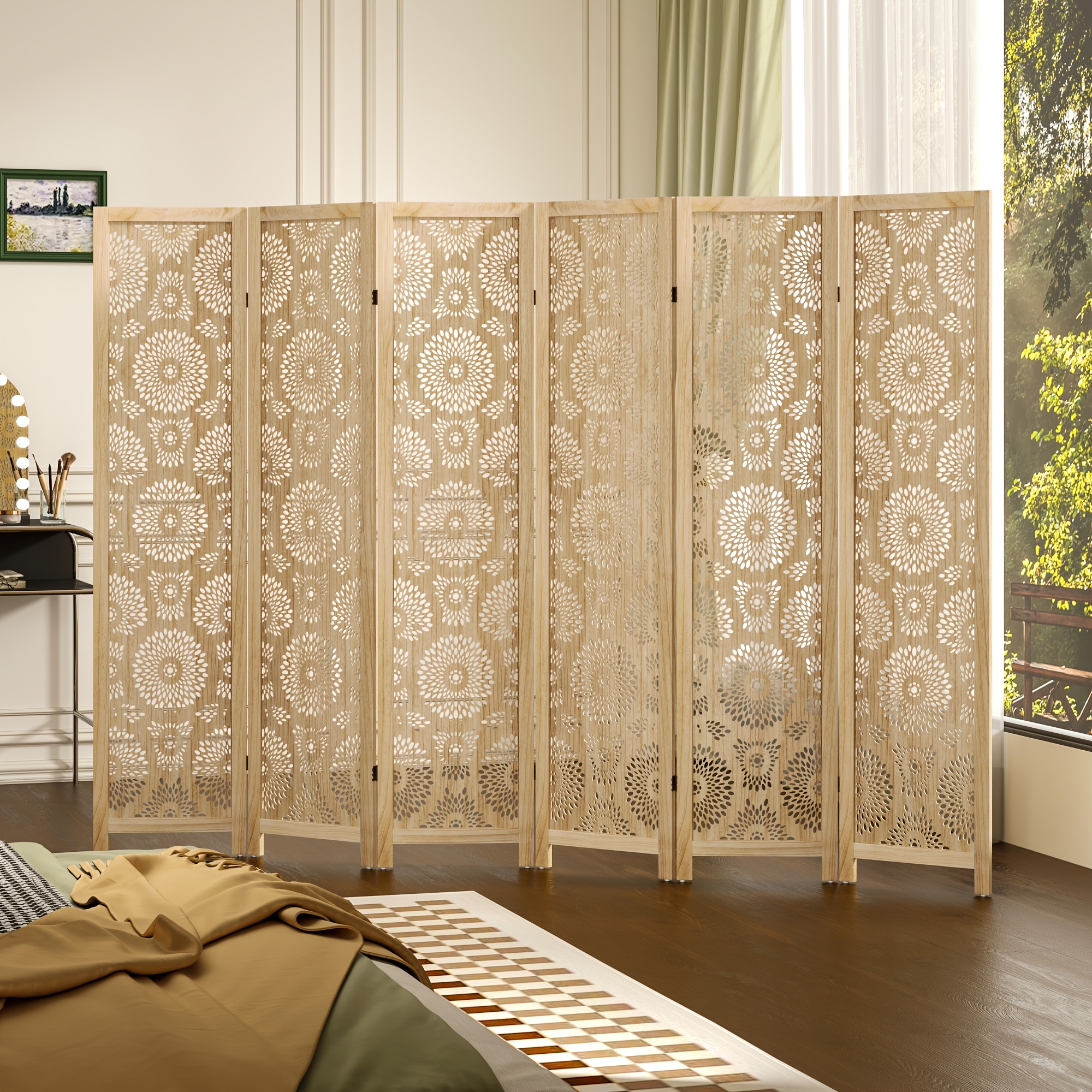 96 4 w boho portable room dividers folding privacy screens 8ft wood divider for room   4 6 panel partition room dividers freestanding wall divider screen for studio office natural wood