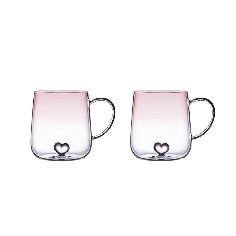 TEMU 2pcs Heart Bottom High Borosilicate Glass Single Layer Cup 400ml Gradient Blue Couple And Heat Resistant Glass Cup With Handle Love Milk Juice