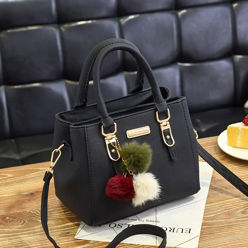 stylish lychee pattern handbag with adjustable strap and   charms versatile shoulder handbag for   army green khaki light grey dark grey red crossbody purse   pom pom accents metallic hardware black 7