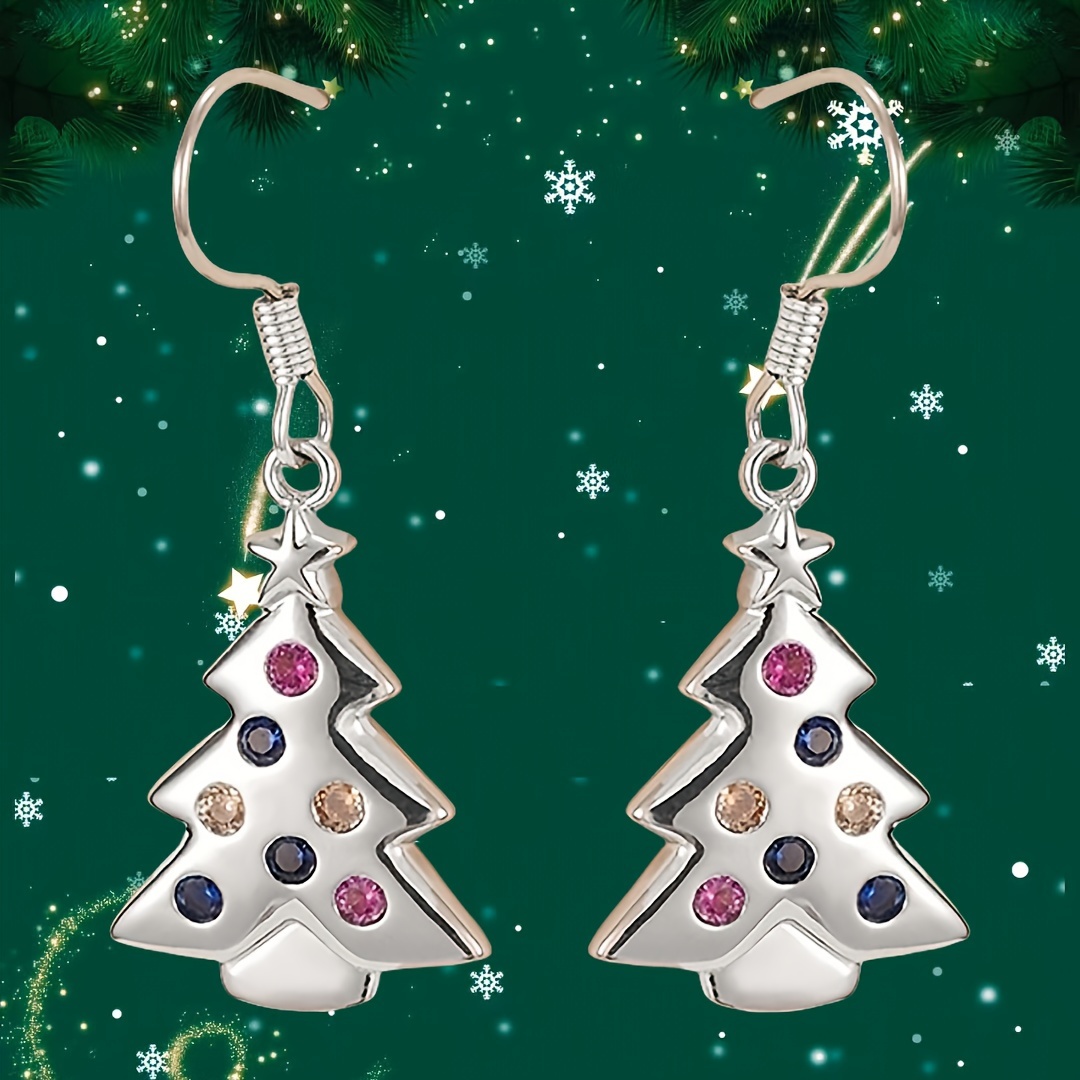 

A Pair Of Ladies' Stylish Dangling Earrings With Colorful Zirconia, Cute Christmas Tree Pendant Earrings For Ladies' Party Ear Hooks Earrings Christmas Jewelry Gifts.