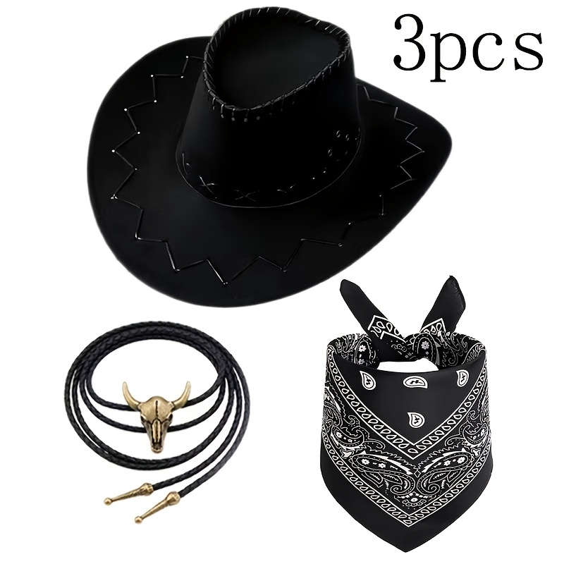 TEMU 3pcs Retro 70s Cowboy Theme Dress Up Set, Including Western Cowboy Hats, Scarves, Decorative Ropes, Halloween Costume Ball Cowboy Competition