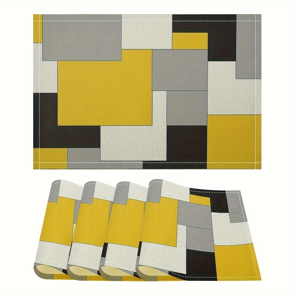 

Set Of 4 Black And Yellow Polyester Placemats, Non-slip, Machine Washable, Rectangle Woven Table Mats For Dining, Wedding, And Holiday Decorations