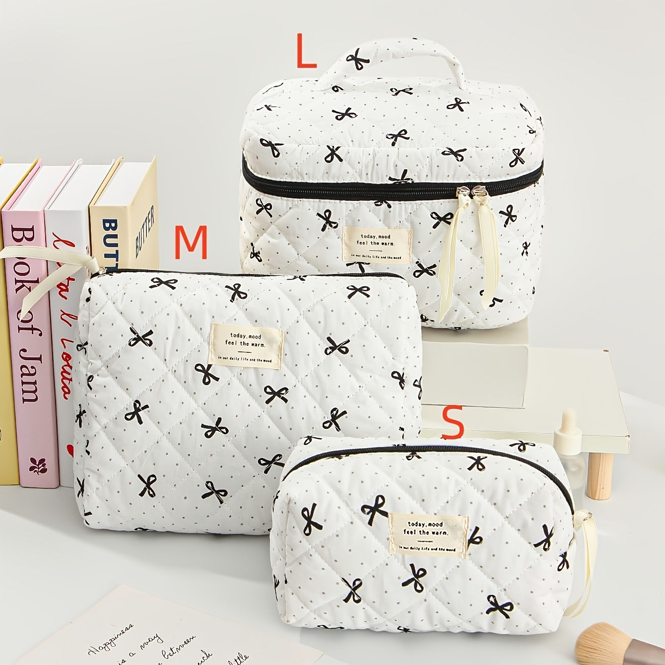TEMU 3pcs White Background, Black Bow And Star Pattern Cosmetic Bag, Large Capacity Toiletry Bag, Women's Cosmetic Bag Set, With Top Handle For