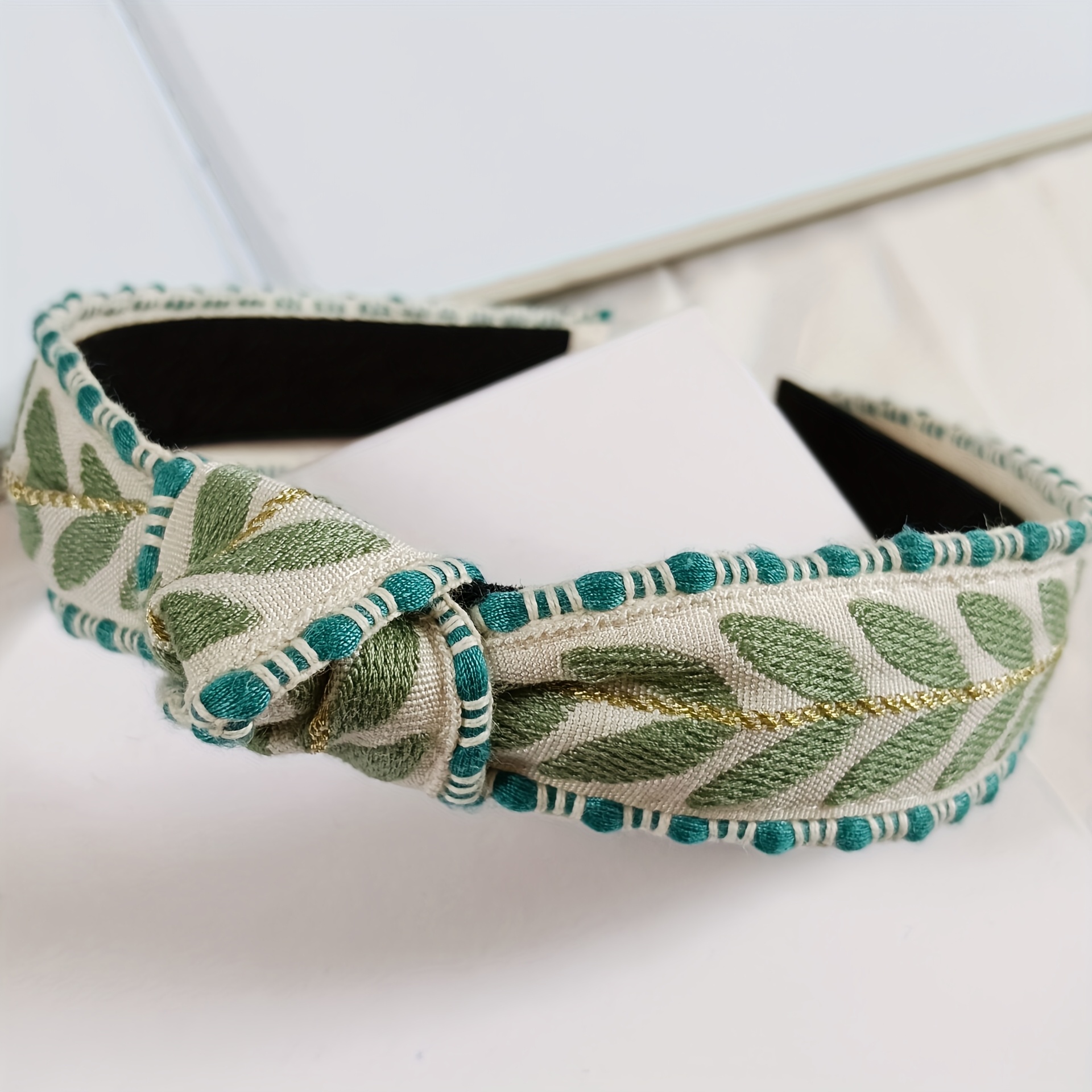 TEMU 1pc Bohemian Knotted Headband Hair Hoop With Embroidered Leaf Design, Vintage Hair Accessory For Face Washing And Hair Styling, Suitable For