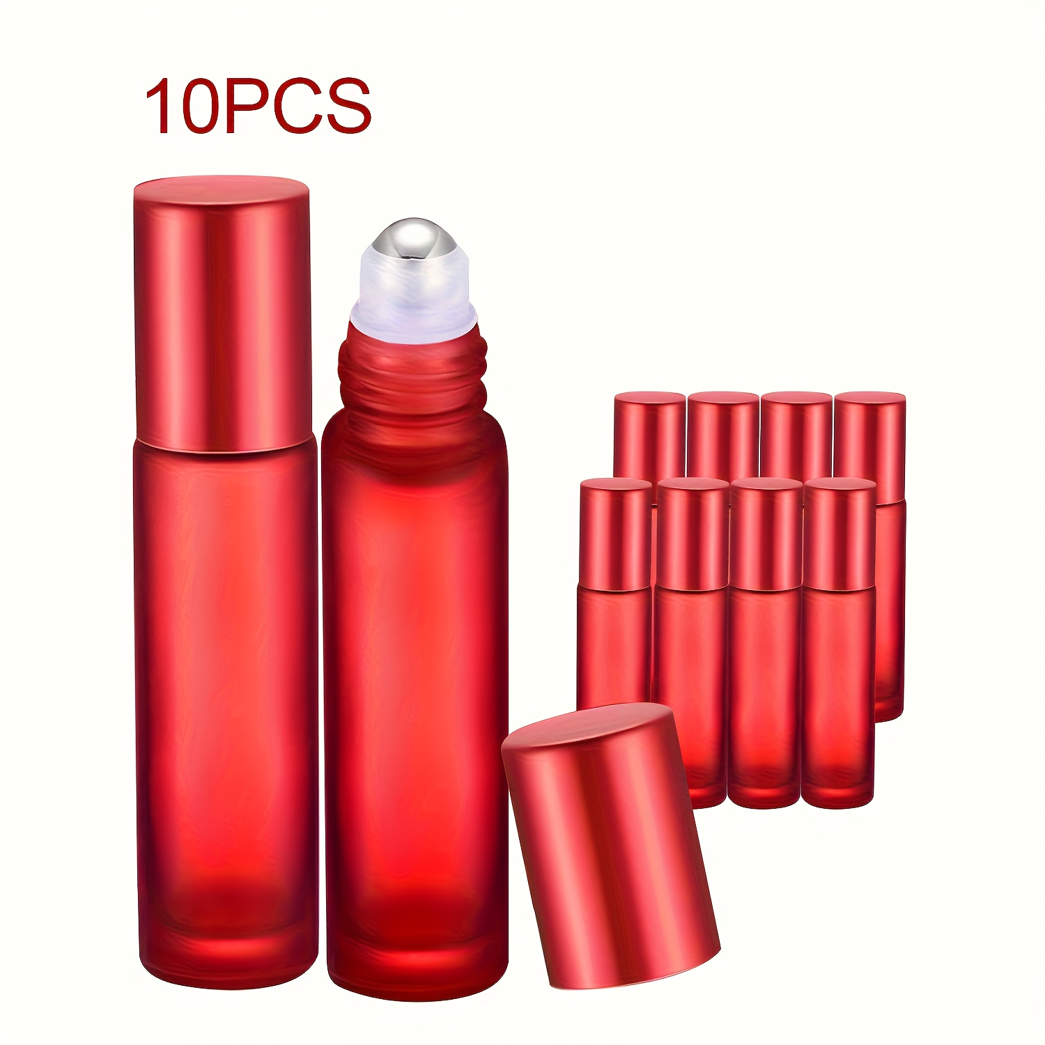 TEMU 10pcs Red Glass Essential Oil Roller Bottles, 10ml (0.33oz) With Stainless Steel - Perfect For Perfumes & Lip Balms, Travel-friendly