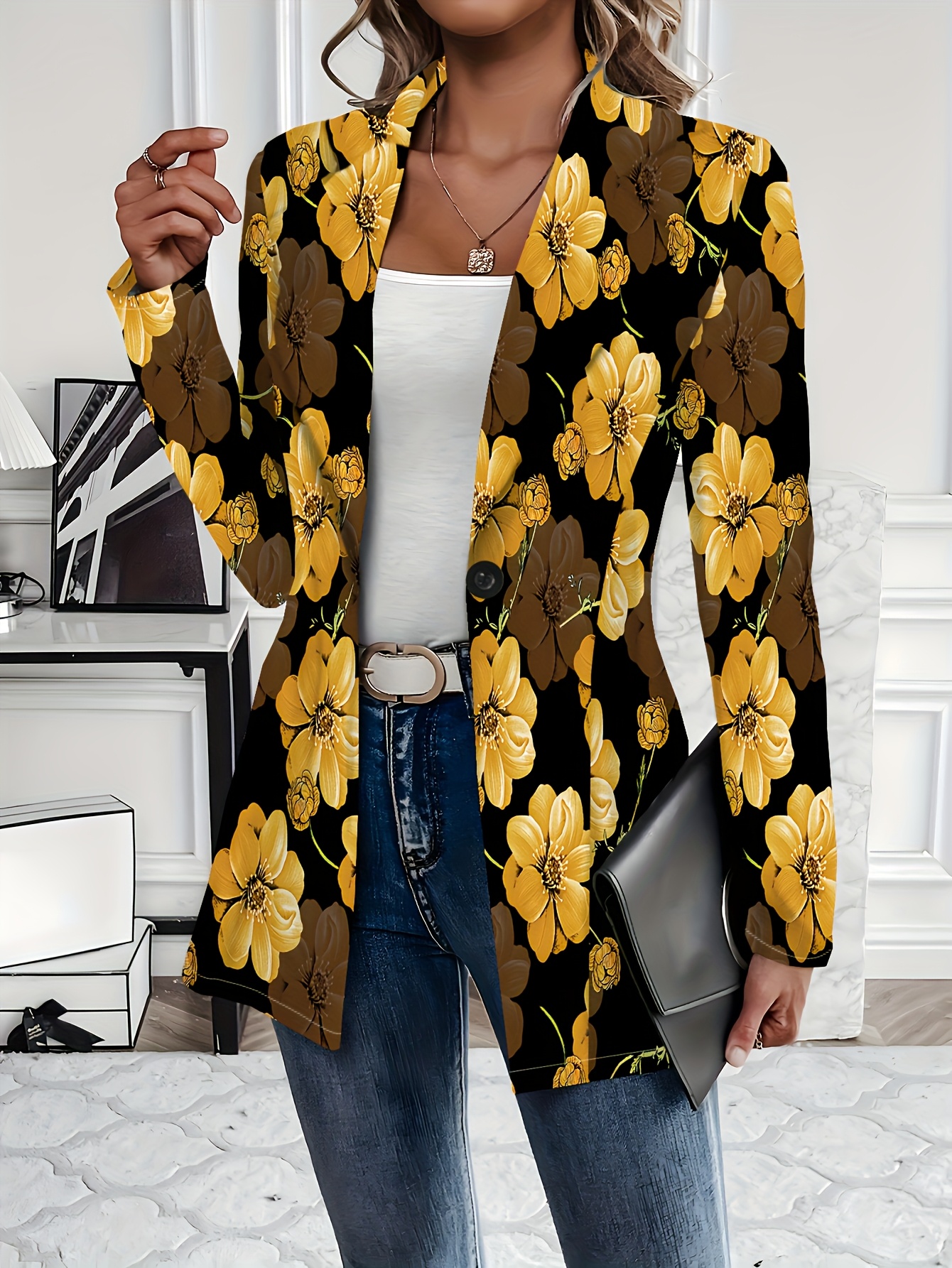 women's vintage floral print long sleeve elegant loose fit