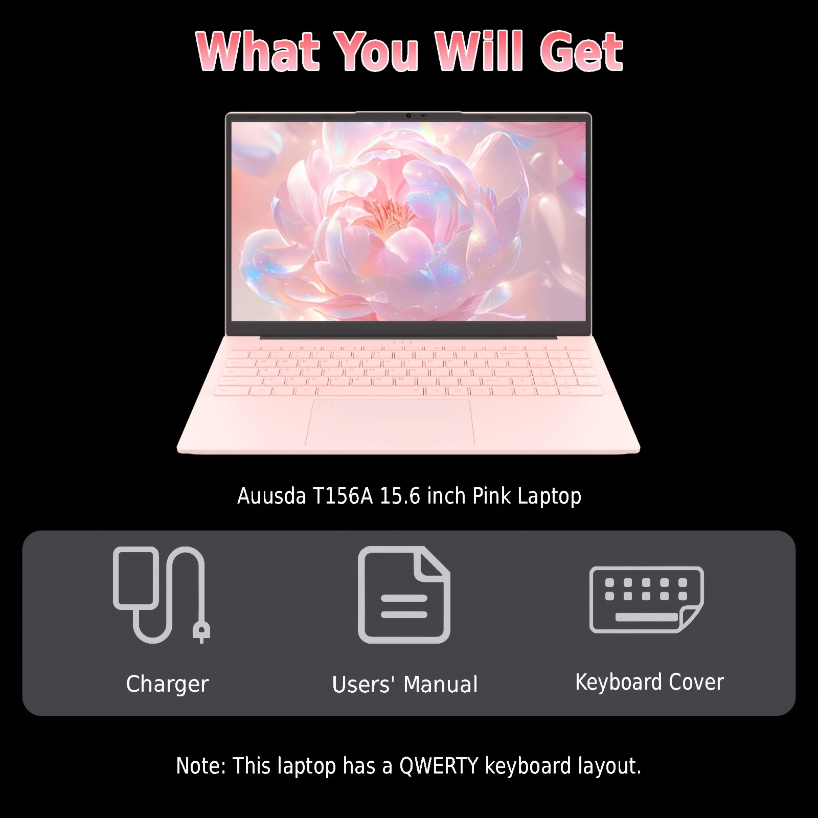 Image of T156a Pink Laptop, 15.6 Inch Portable Notebook, 3050e Processor, 16gb Ddr4, 512gb Ssd, Fingerprint Unlock, Backlit Keyboard, 0.3mp Privacy Cam, Usb, Type-c, Hdtv, Audio Plug And More Interface