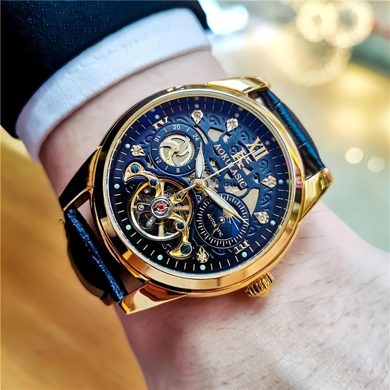 MASTOP Automatic Mechanical Watch - Moon Star Design With Leather Strap, 42mm Waterproof Wristwatch