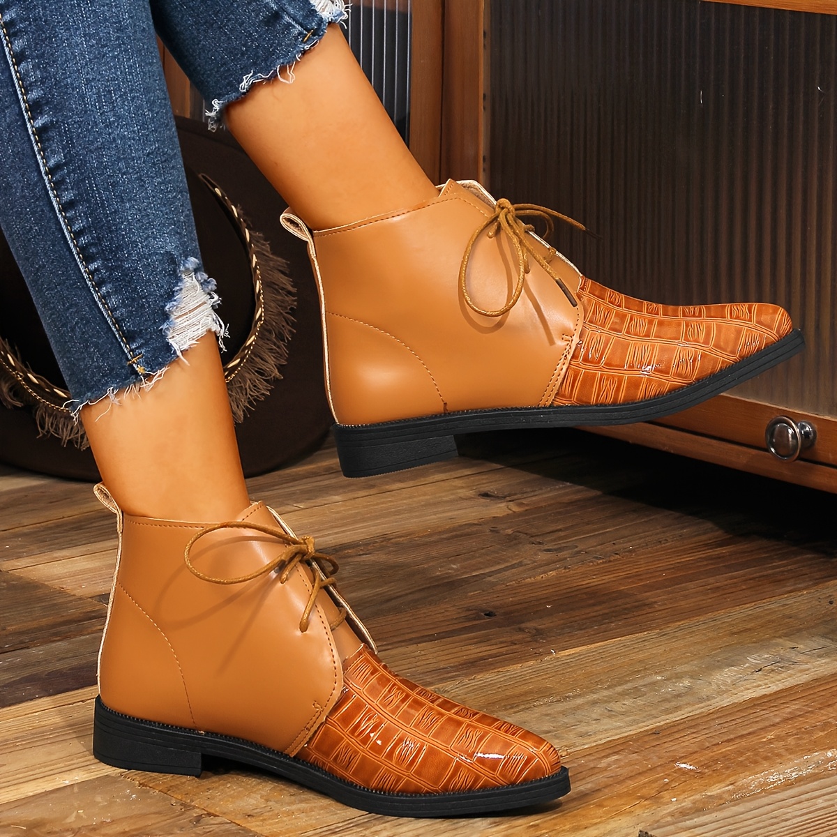 chic women's pointed toe ankle boots retro tan orange lace Temu