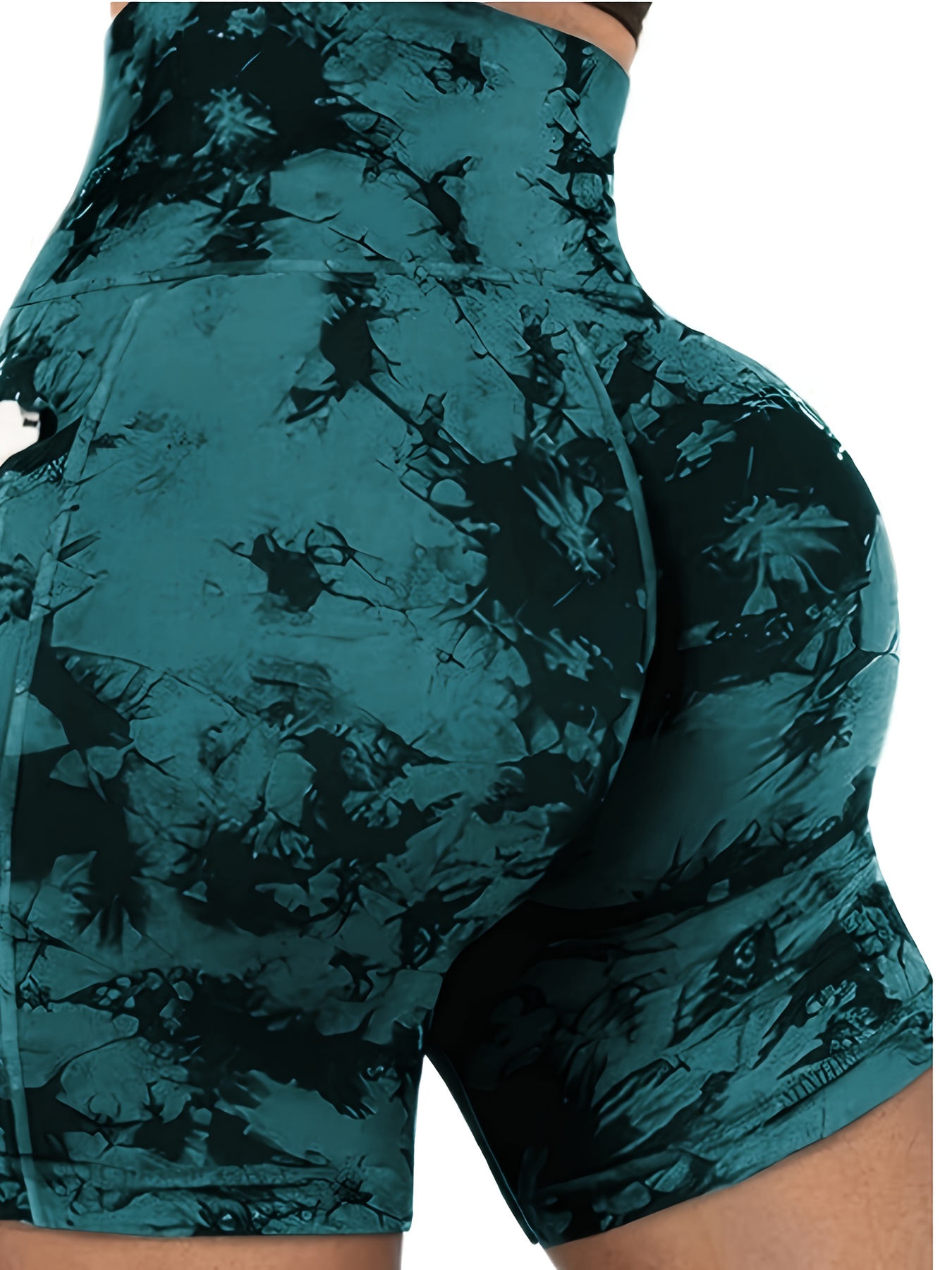 Women'S High-Waisted Yoga Shorts - Stretchy, Quick-Dry, Front Zipper & Pockets, Vibrant Teal Tie-Dye Design, Perfect for Spring/Fall Outdoor Activities, High Waisted Shorts