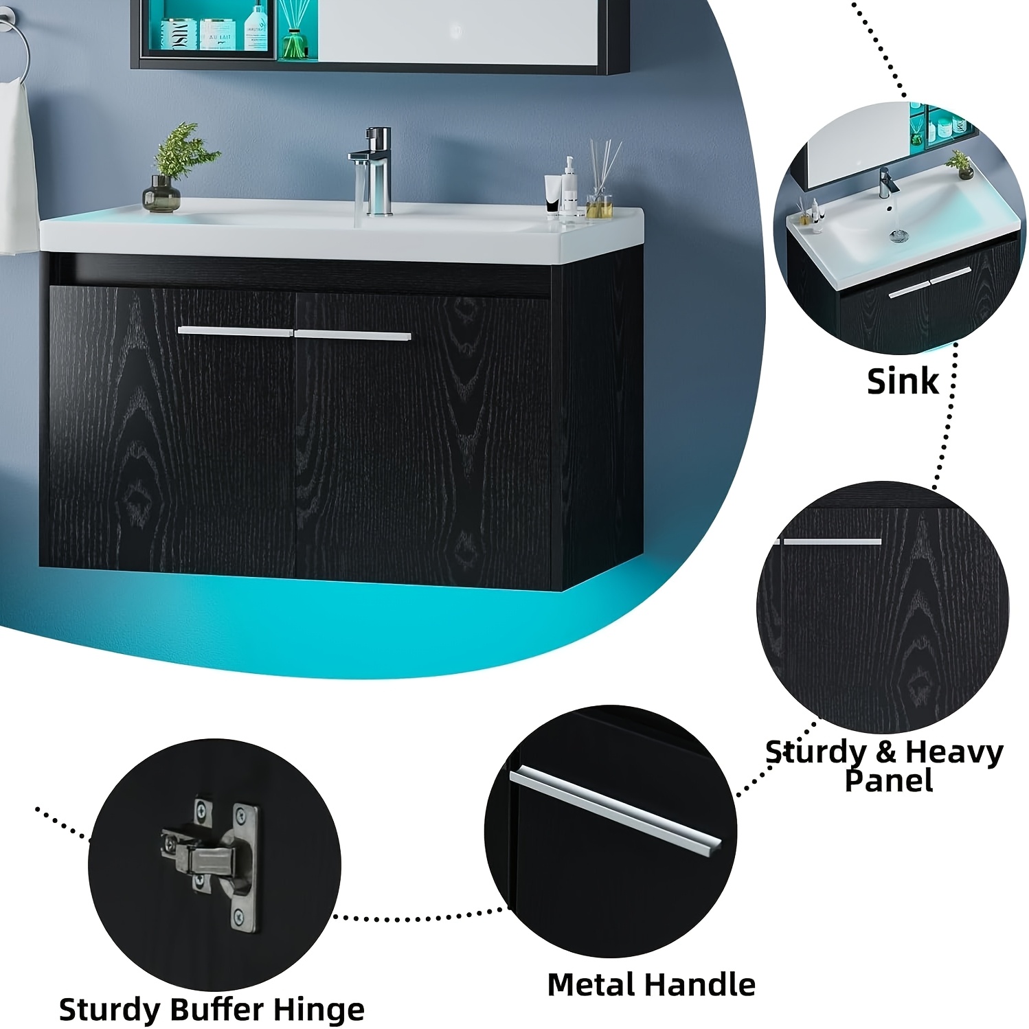 31-Inch Modern Floating Bathroom Vanity - LED Lighted Cabinet with Sink 9 31-Inch Modern Floating Bathroom Vanity Side View