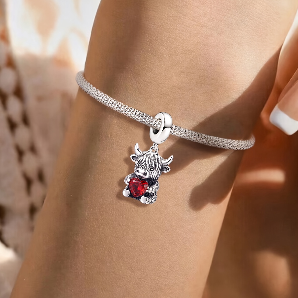 Heart-Embracing Cow Pendant Bead for Women's Jewelry, 925 Silver Plated