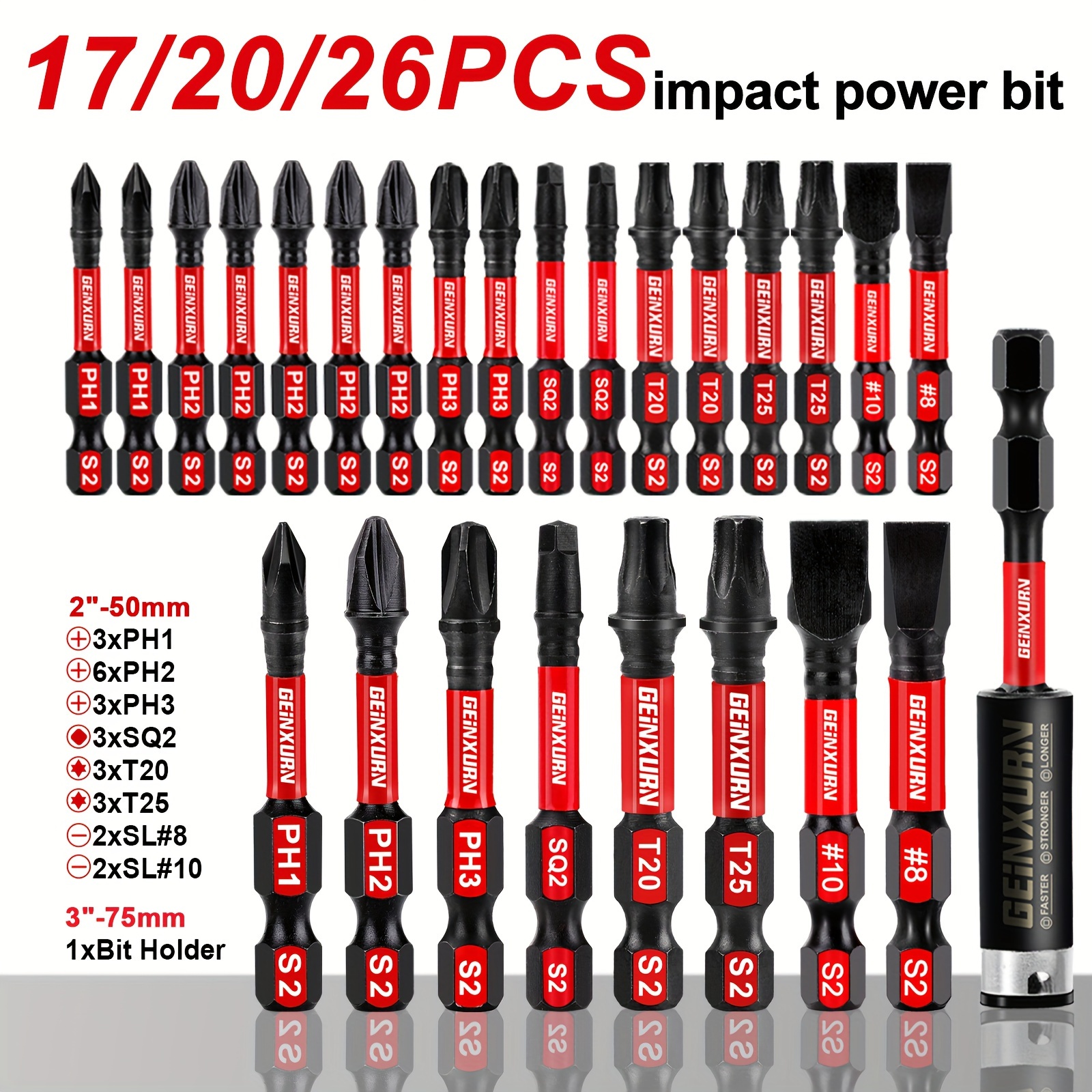 

Geinxurn Impact Driver Bit Set - 17/20/26pc Mixed Screwdriver Bits, S2 Steel Hex Shank, Ph1 Ph2 Ph3, Sl8 Sl10, T20 T25, Sq2, No Required, Power Tool Accessories