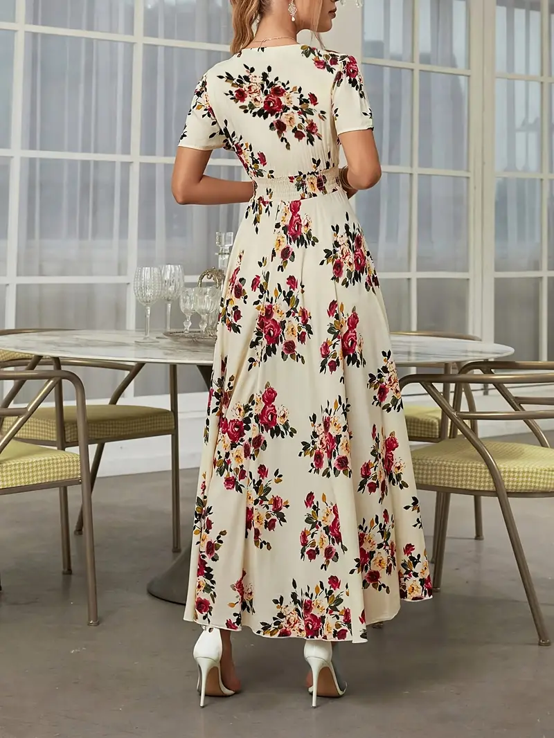 bohemian floral print maxi dress for women elegant v neck short sleeve a line silhouette lightweight viscose spring summer casual wear floral maxi dress Product details 5