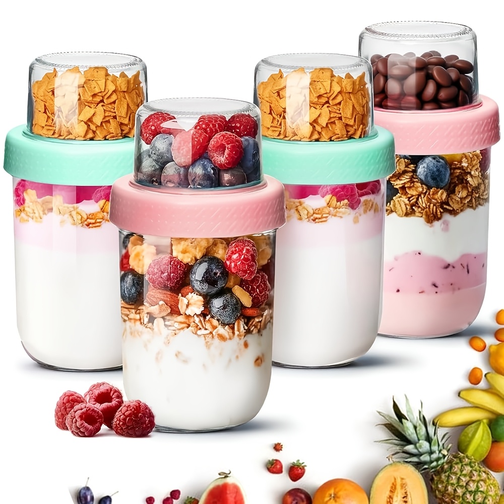 Image of 4 Pack Glass Overnight Oats Containers | 480+120ml Dual-layer Yogurt Pots With Screw-off Caps For Dry-wet , Ideal For Yogurt, Cereal, And Fruit, Dishwasher Safe, Multipurpose Use