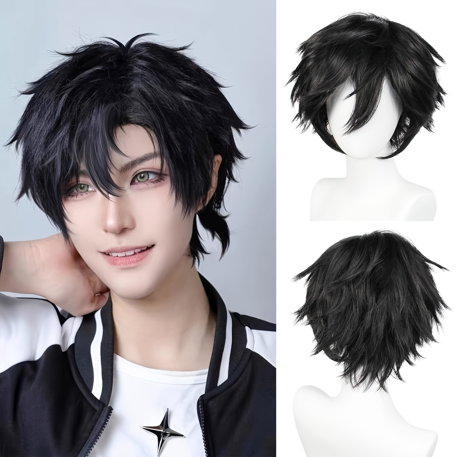 Men s Short Black Grey Wig Bangs Natural Layered Wigs Temu