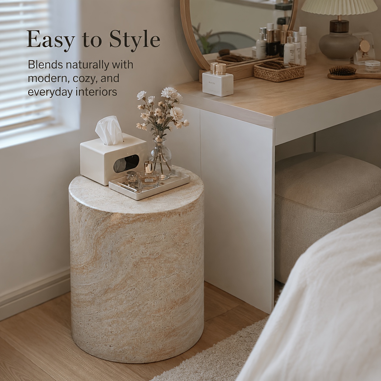 Modern Faux Marble Column Side Table, Minimalist Round Pedestal Coffee Table, Artistic Display Stand for Living Room & Hotel, Aesthetic Home Decor