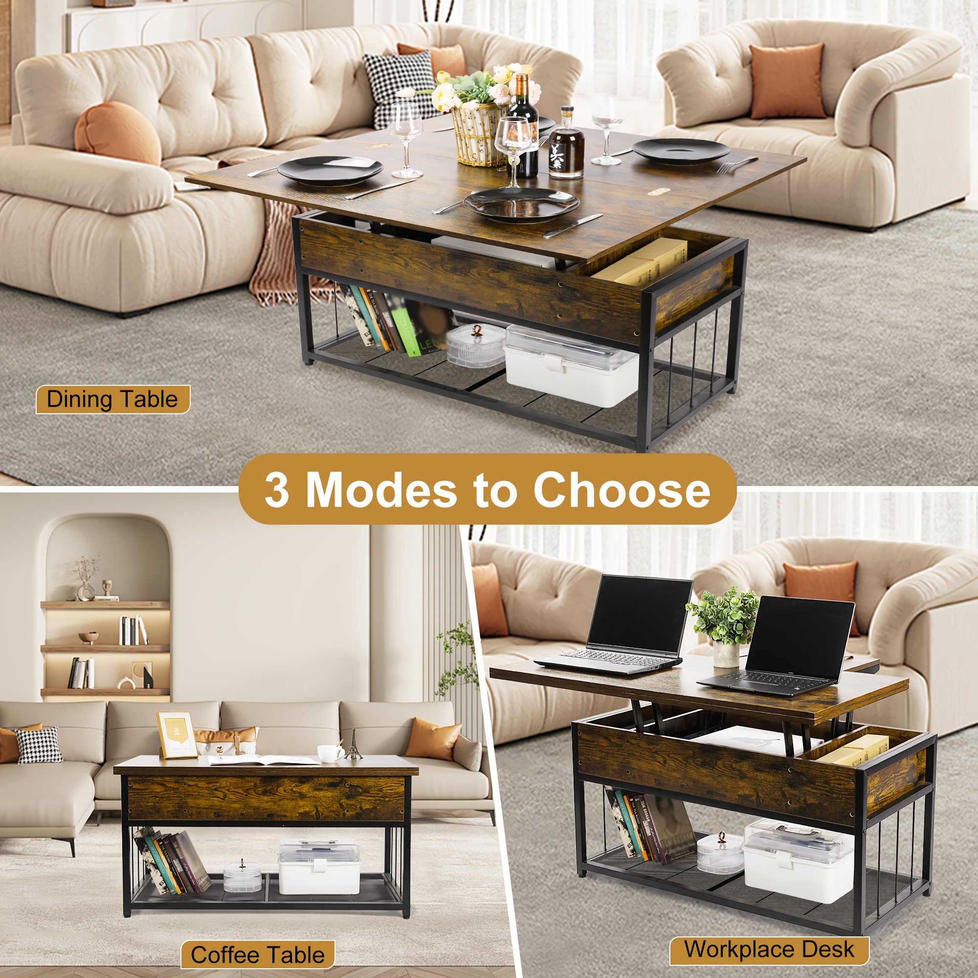 Lift Top Coffee Table with Hidden Storage, Industrial Wood And Metal Living Room Table with Open Shelf, Liftable Dining Coffee Table for Home Office
