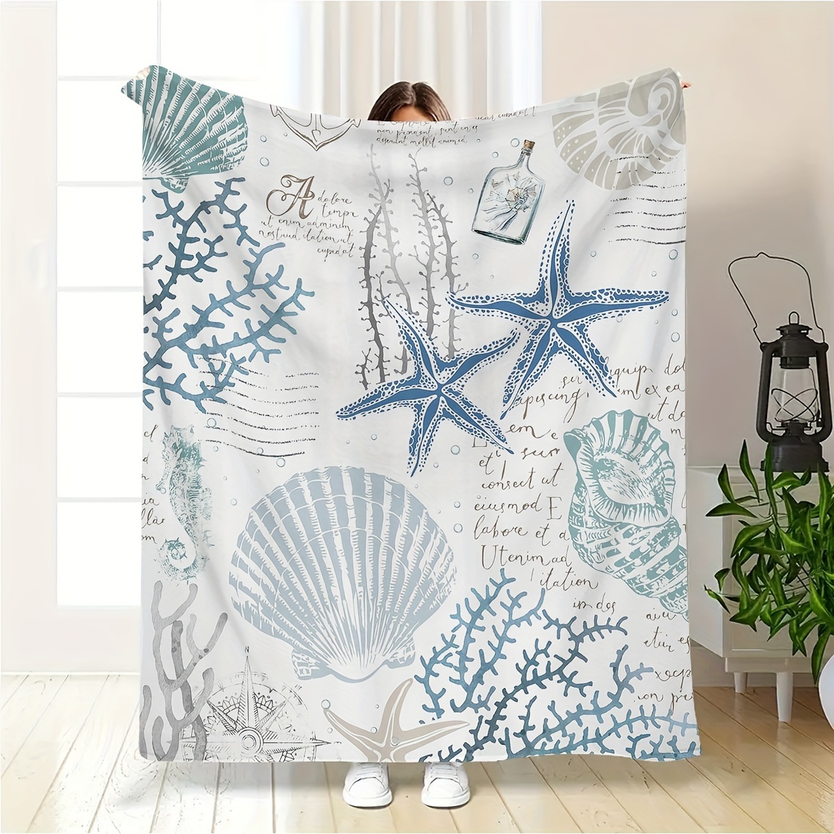 

Contemporary Nautical-themed Throw Blanket - Machine Washable Flannel Coastal Print With Seashells And - Soft Cozy Multipurpose Blanket For Travel, Camping, Home Decor - Ideal Gift For All Seasons