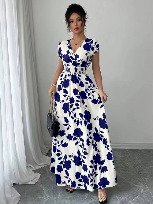 french style vintage leaf print waist cinching flared maxi dress