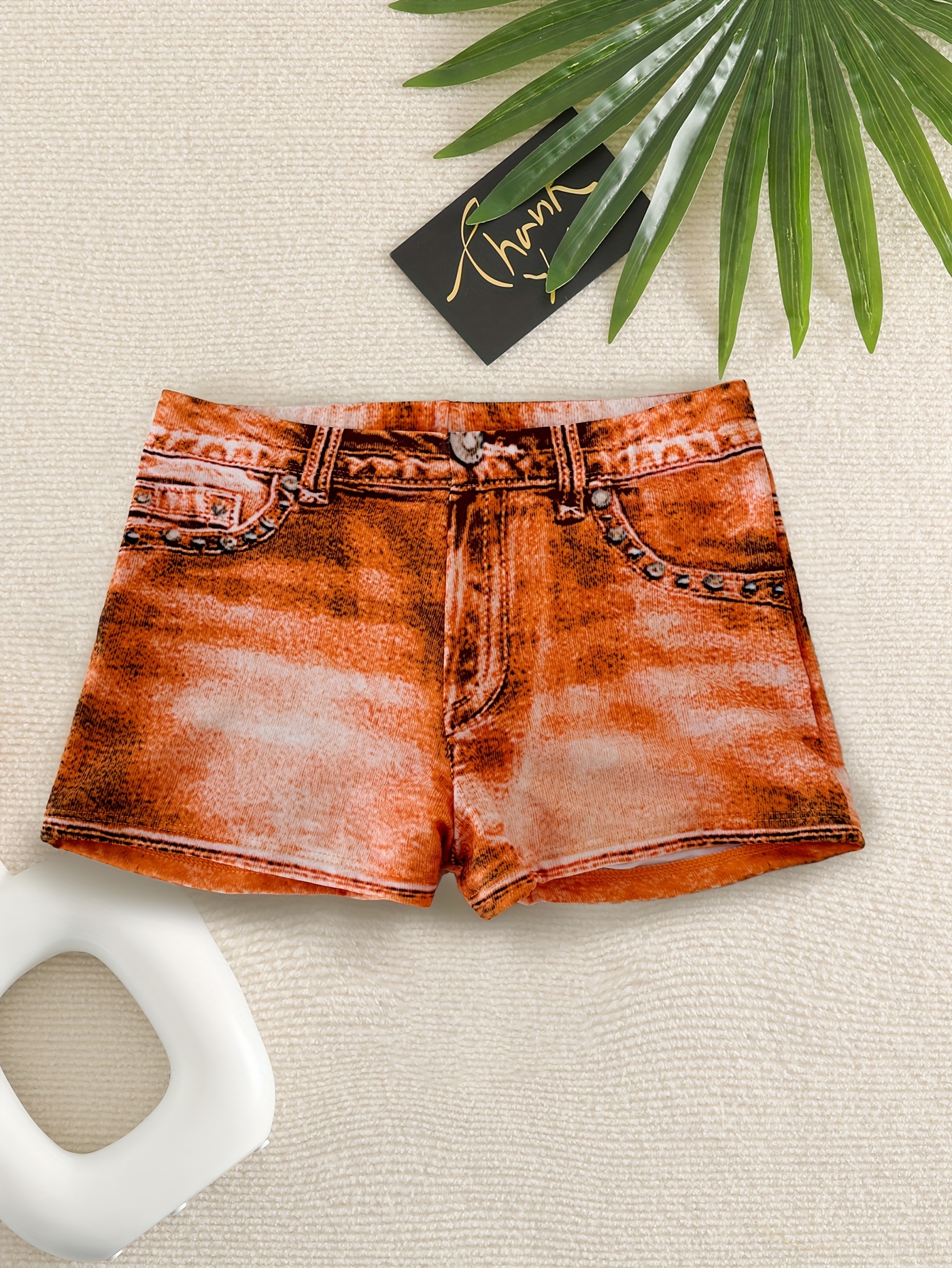 Easter Single Imitation Denim Print High-Waisted Women's Swim Shorts P0234