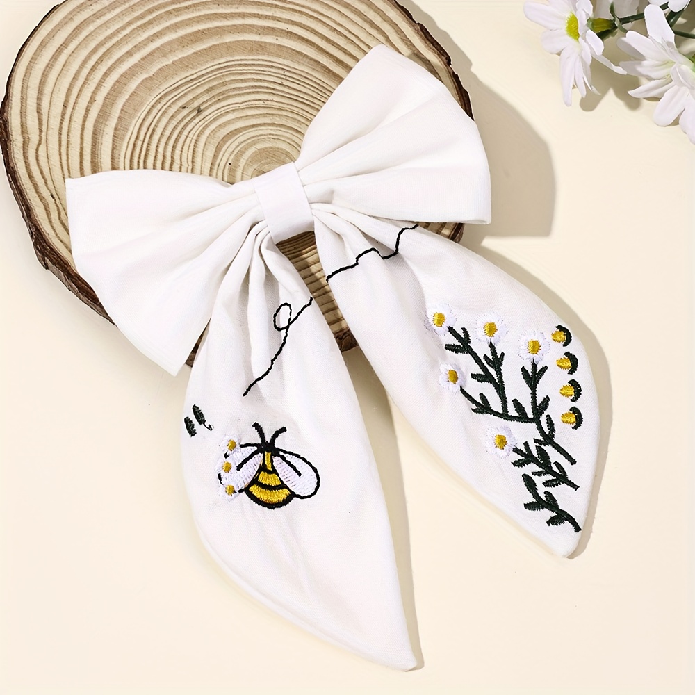 Image of 1pc Embroidery Bow Hair Clip Daisy Flowers Hair Bow Clip Cute Embroidered Bee Hair Barrette Elegant Hair Accessory For Gifts