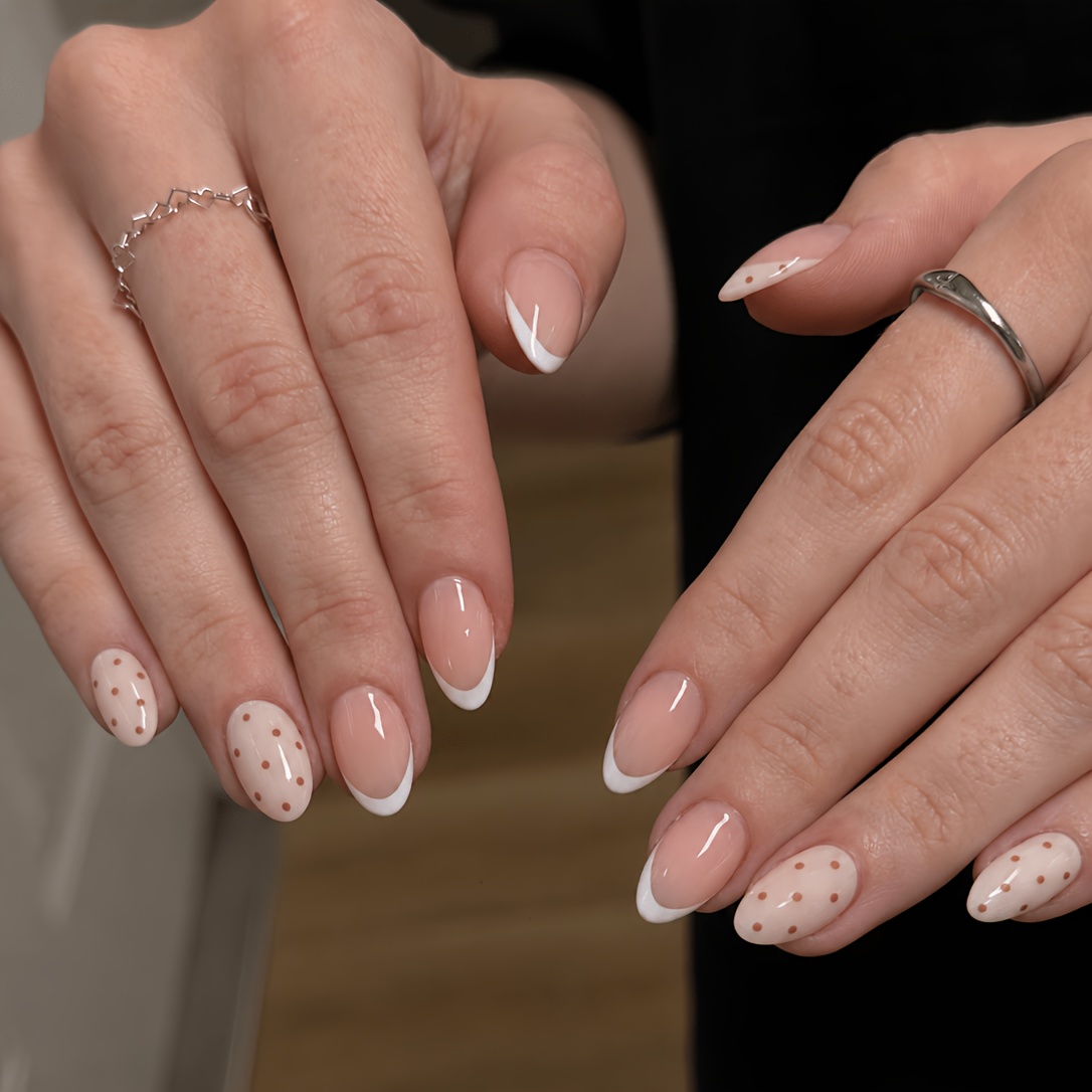 TEMU 24pcs Elegant Nude Pink With White Edge Brown Polka Dot Oval Press-on Nail Set, Glossy Simple Sweet And Stylish Fake Nails, Gentle And Delicate