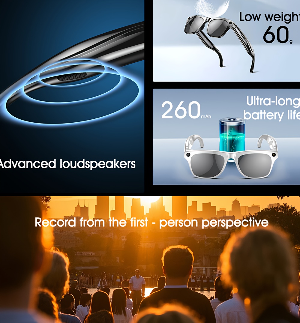 xk oen pro smart glasses with ai translation, music control, wireless, long , headphones & glasses, built-in camera for video recording, photo capture, and phone calls, usb rechargeable, wireless , abs material, magnetic charging, smart glasses for recording, video recording accessory, , durable eyewear Product details 3