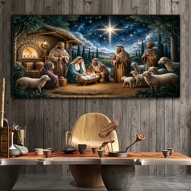 TEMU 1pc Diamond Painting Kit, Christmas Nativity Scene Pattern Diy 5d Sparkling Large-size Full-drill Round Diamond Mosaic Art, Handmade Creative