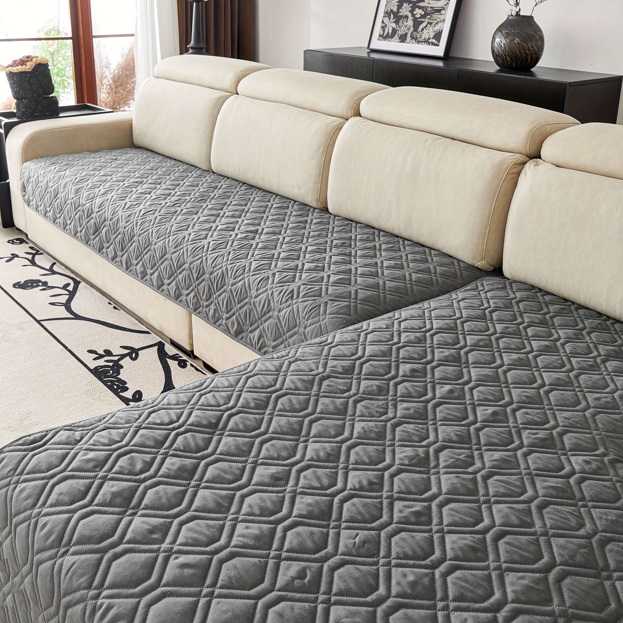 Image of Checkered Technology 2pcs L-shaped Sofa Protector Cushion With Triple-line Geometric Pattern - Durable, Pet-friendly Sofa Cover For Sections - Machine Washable Sofa Cover