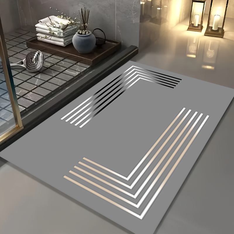 1pc [popular ] Luxurious Non-slip Mud Floor Mat - Soft, Absorbent, Elegant Gray And Golden Striped Design. Suitable For Kitchen, Bathroom, Entrance, And Home Decor, Style